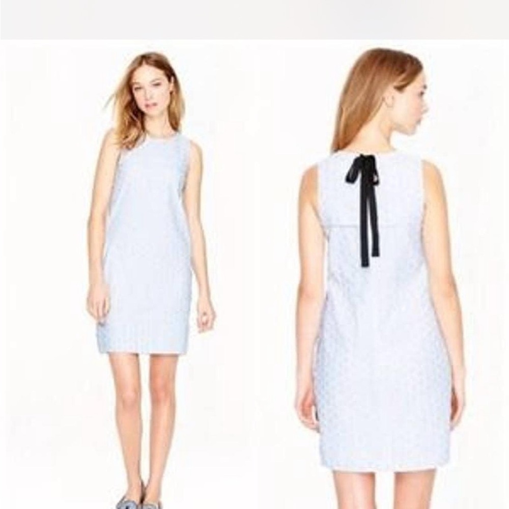 J Crew Size 4 Dress Seersucker Eyelet Blue White Embroidered Sleeveless - Picture 2 of 7